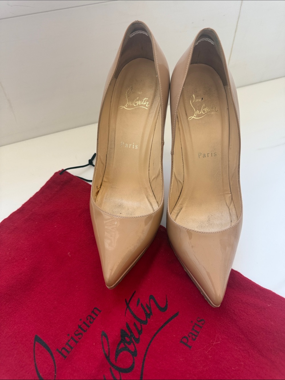 Christian Louboutin Beige Patent Pointed Toe Pumps